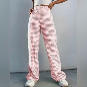 Pink and white checkered women’s high waist pants